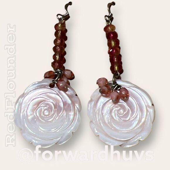Exquisite Silvertone Dangle Earrings | Carved Rose Mother of Pearl | Flower Them - Picture 4 of 8